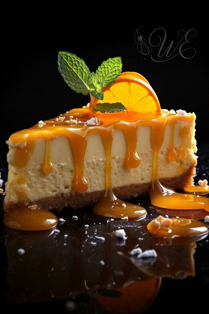 Fatia de cheesecake com calda de laranja escorrendo