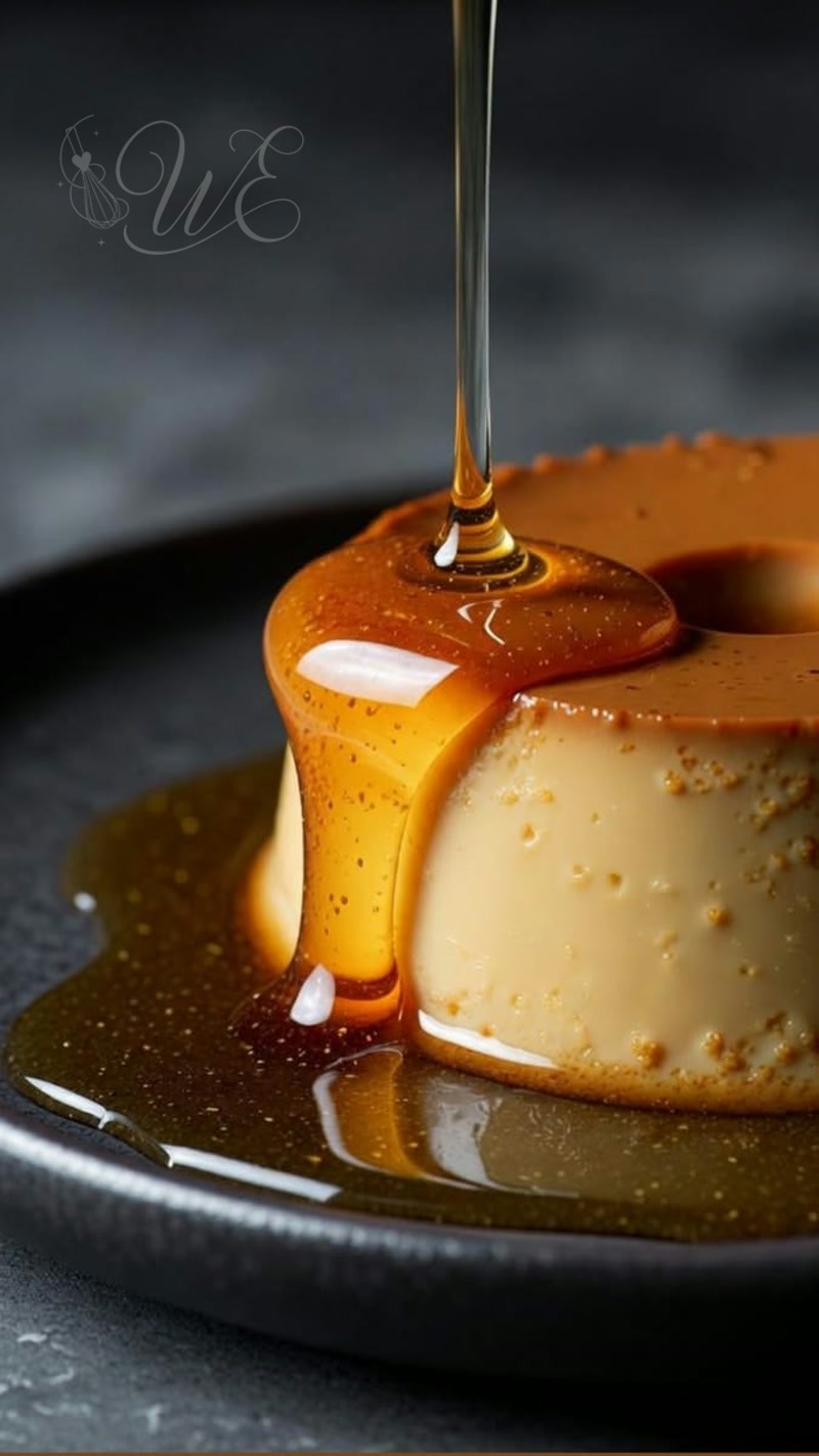 Pudim com calda de caramelo sendo despejada