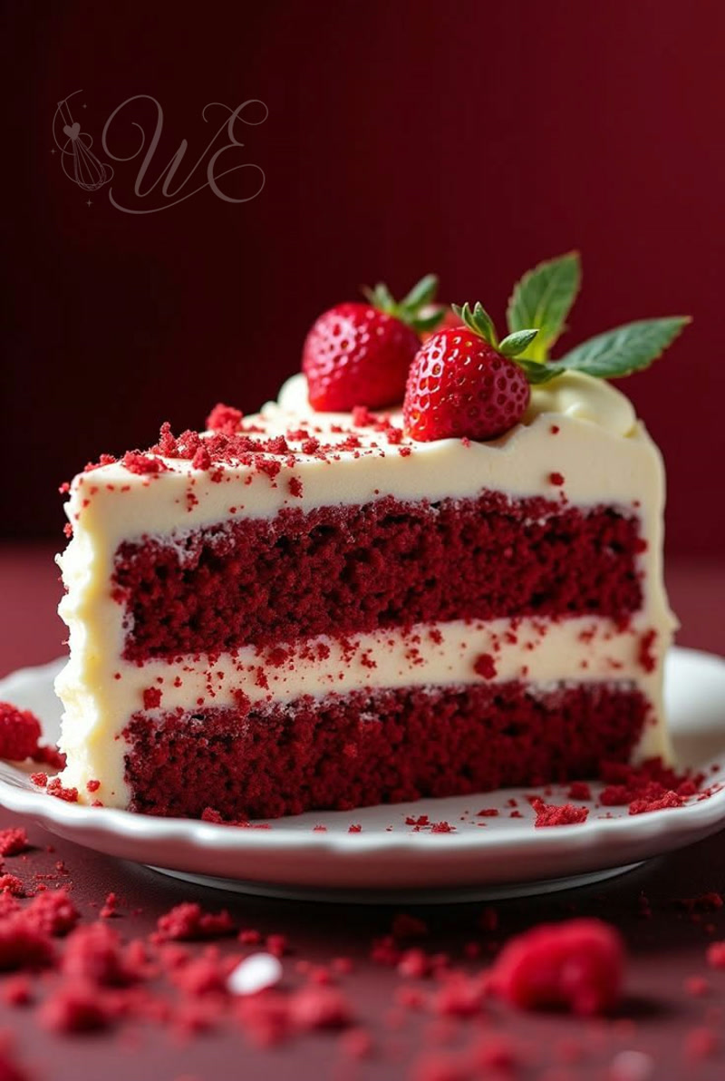Fatia de red velvet com morangos e cobertura de cream cheese